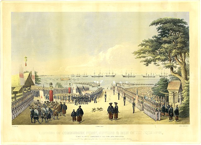 1854年、日本に再上陸（横浜）したペリー一行の絵（ヴィルヘルム・ハイネ 画）