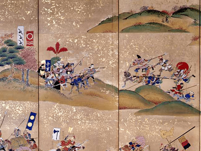 最上義光との長谷堂城の戦いを描いた『長谷堂合戦図屏風』の一部。