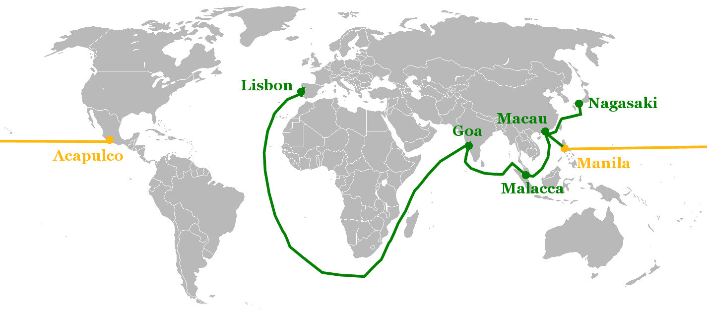 16～17世紀、ポルトガル（緑）とスペイン（黄）との貿易ルート