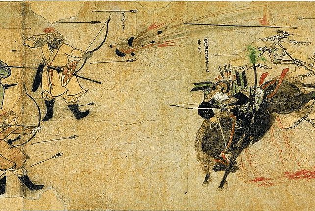 『蒙古襲来絵詞』文永の役で蒙古兵と応戦する竹崎季長