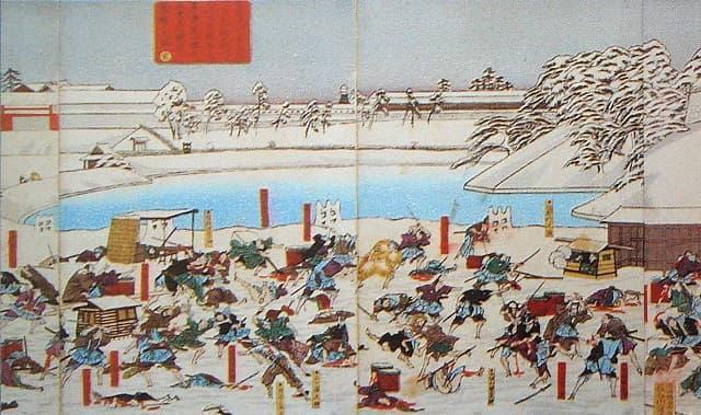桜田門外の変を描いた絵（出典：wikipedia）。井伊直弼は反対勢力を粛清（安政の大獄）した反動を受けて暗殺された。