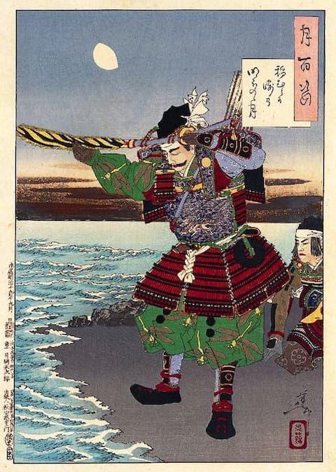 太刀を海に投じる新田義貞(月岡芳年画、出典:wikipedia)