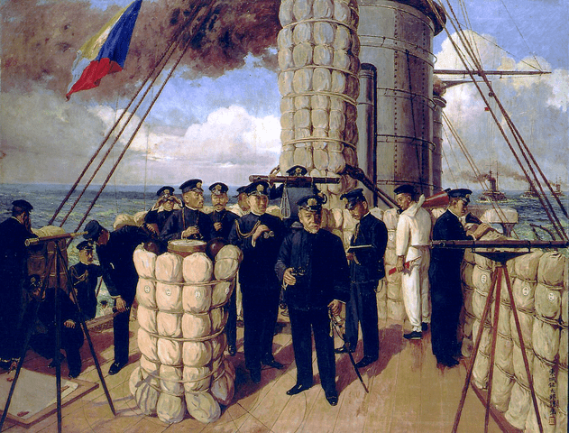 旗艦「三笠」にて、日本海海戦の指揮を執る東郷平八郎（東城鉦太郎画『三笠艦橋之圖』。wikipediaより）
