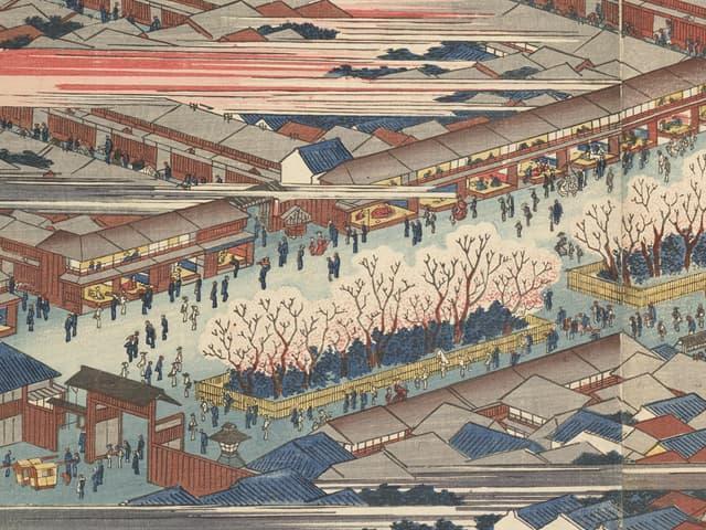 新吉原の桜を描いた浮世絵（歌川広重 画。出典：wikipedia）