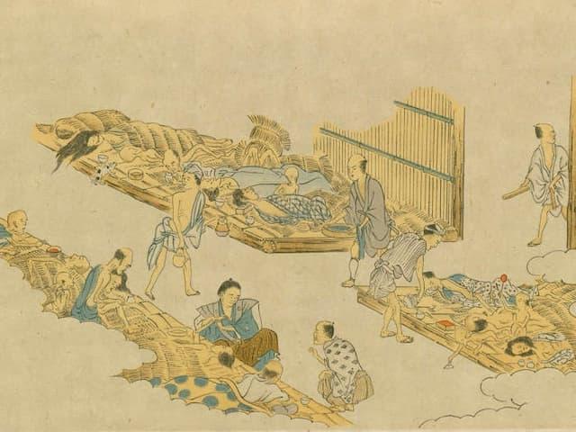 天保の大飢饉（1833～37年）の際、小屋に収容され保護を受ける罹災民を描いたもの（wikipediaより）