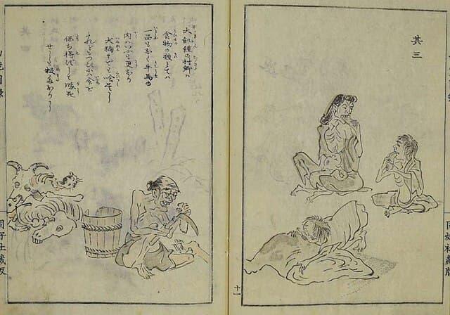 天明の大飢饉（1782～88年）で、馬や人の肉を食べる人々を描いたもの。（出典：wikipedia）