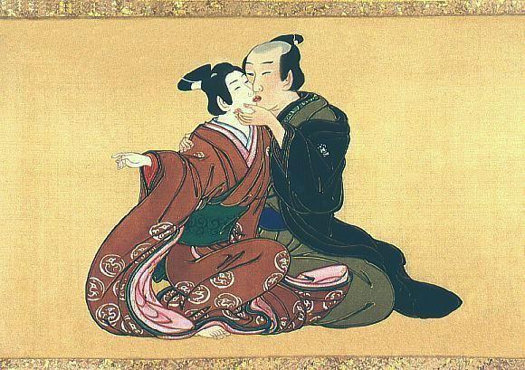 女形の陰間が男性と接吻する様を描いた掛物絵（宮川一笑画。wikipediaより）