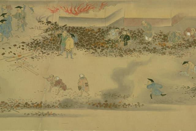 明和の大火による焼跡で探し物をする庶民ら(『目黒行人阪火事絵巻』より。出典:国立国会図書館デジタルコレクション)