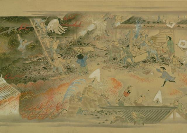 明和の大火に挑む火消たち(『目黒行人阪火事絵巻』より。出典:国立国会図書館デジタルコレクション)
