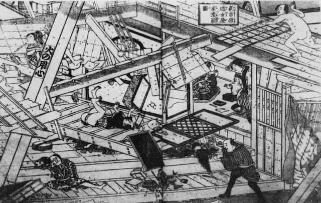 安政年間の大地震で、被害を受けた新吉原遊女家の様子(『天災と対策 : 史的研究』より。出典:国立国会図書館デジタルコレクション)