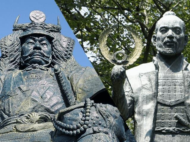甲府駅前にある武田信玄公像（右）と、浜松城にある若き日の徳川家康公像（右）