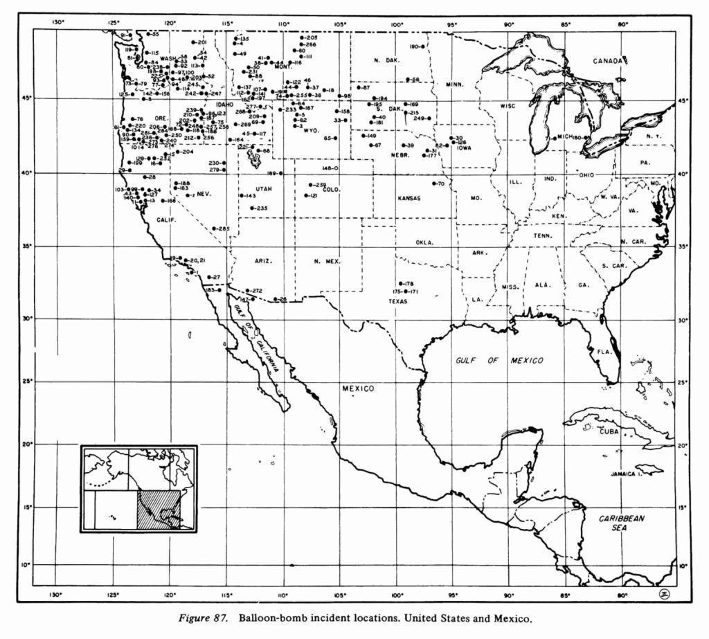 風船爆弾の到達確認地点図。地点は北西部に集中。（出典：wikipedia）