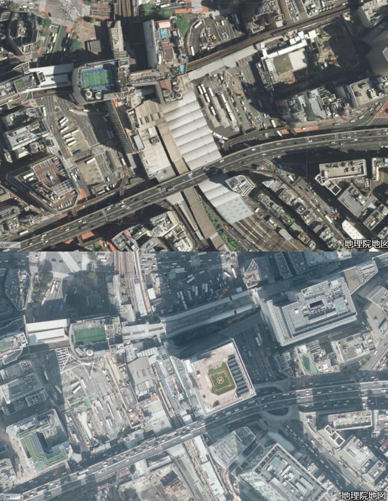 渋谷駅周辺（上の写真が2007年、下が2019年。出典：国土地理院地図）