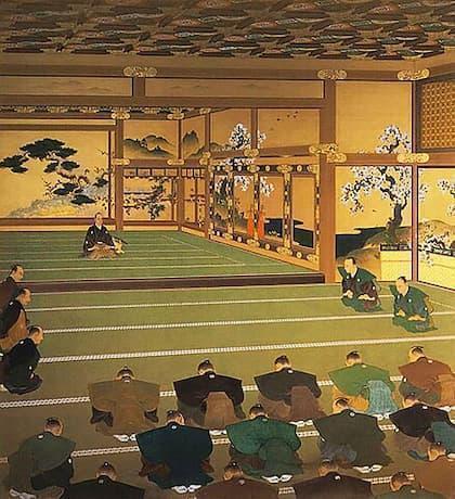 約260年続いた江戸幕府の歴史に終止符が打たれた。(『大政奉還図』より。出典:wikipedia)