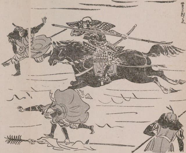 勇猛果敢に戦う藤原隆家(『愛国物語 (新日本少年少女文庫 ; 第3編)』より。出典:国立国会図書館デジタルコレクション)