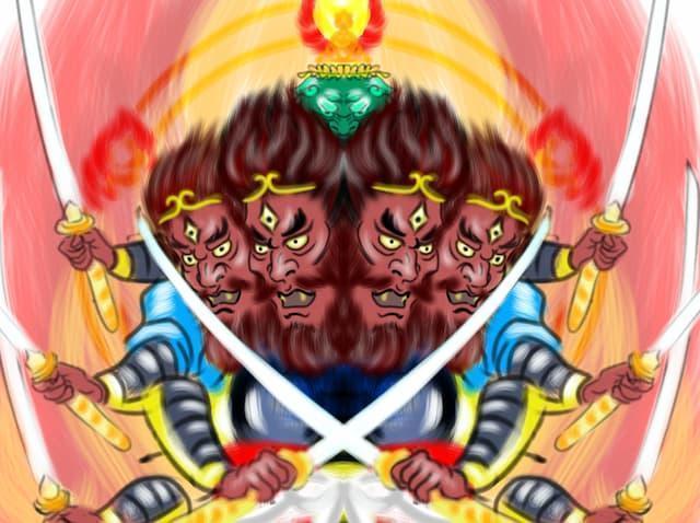 上杉謙信が信仰した、左右に刀を八振り持つ異形の毘沙門天(イメージ)