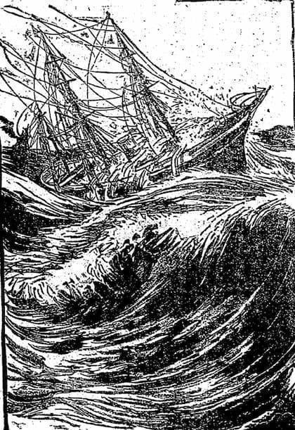 猛烈な暴風雨にさらされる榎本艦隊（『西郷隆盛詳伝 : 絵入通俗』より。出典：国立国会図書館デジタルコレクション）