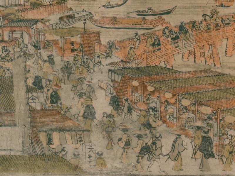 屋台で賑わう両国橋（『あづまの花 江戸繪部類』より。出典：国立国会図書館デジタルコレクション）