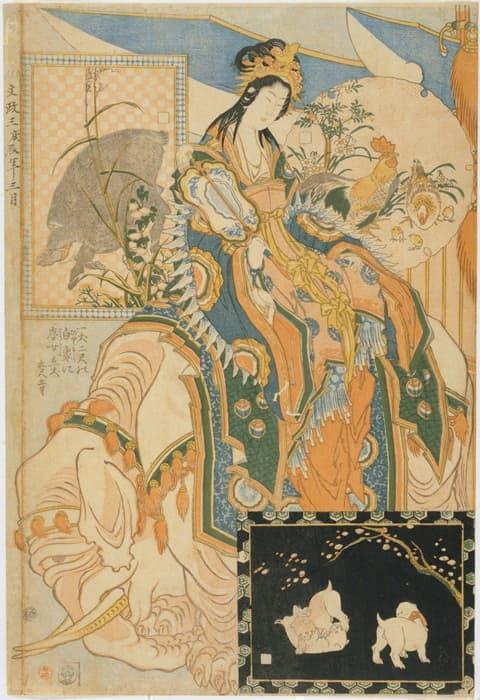 白象に乗る唐美人の巨大な人形（見世物）を描いたもの（葛飾北斎 画、出典：ColBase）