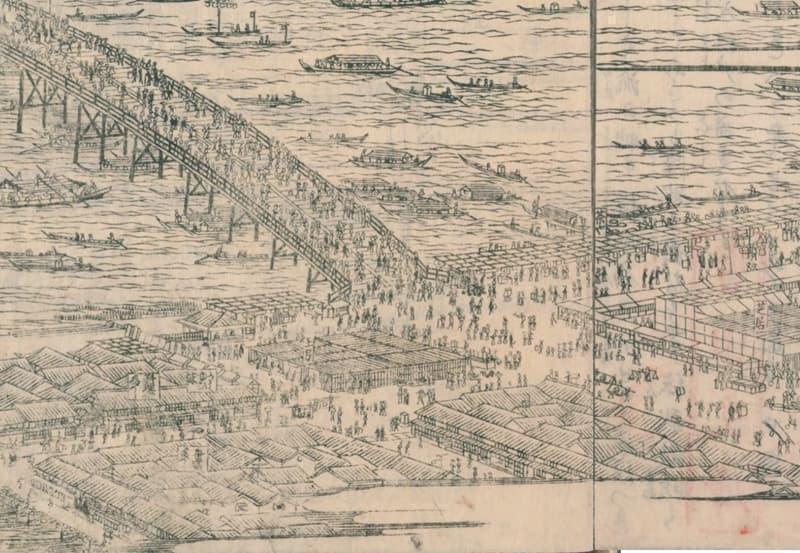 多くの人が集まる両国橋の様子（『江戸名所図会』より。出典：国立国会図書館デジタルコレクション）
