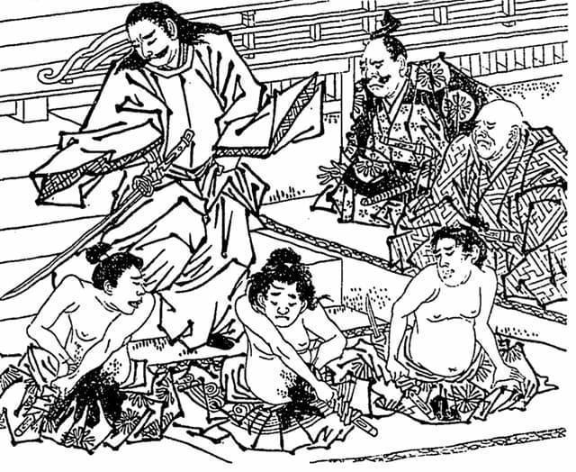 切腹場面を描いたもの(『真書太閤記 : 今古実録 12』より。出典:国立国会図書館デジタルコレクション)