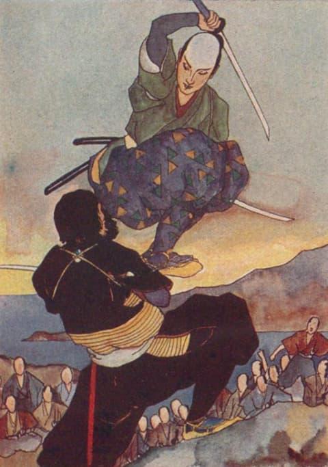 巌流島の決闘(『宮本武蔵 (少年少女文芸講談叢書)』より。出典:国立国会図書館デジタルコレクション)