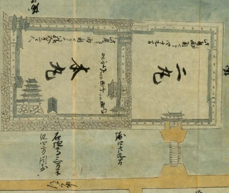 柳川城本丸と二の丸の図（『日本古城絵図 筑後国柳河城図』より。出典：国立国会図書館デジタルコレクション）