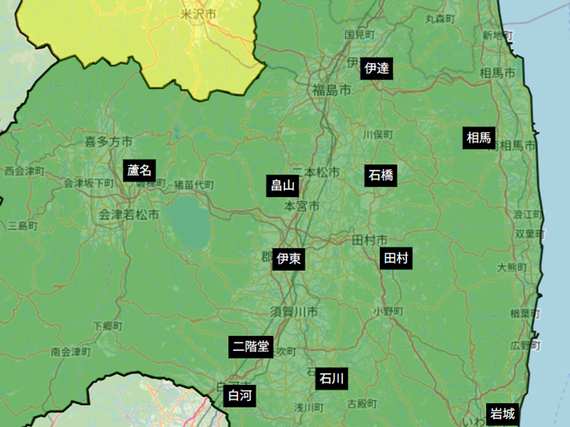陸奥（緑エリア）の主な国衆の分布マップ。© OpenStreetMap contributors