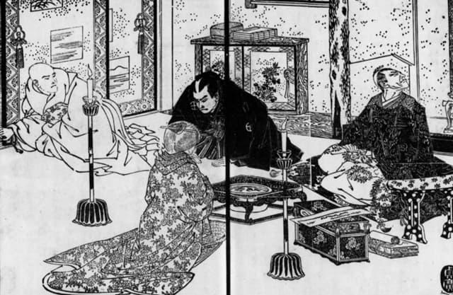『老女村岡』に描かれた村岡と近衛左大臣、西郷隆盛、月照ら(出典:国立国会図書館デジタルコレクション)