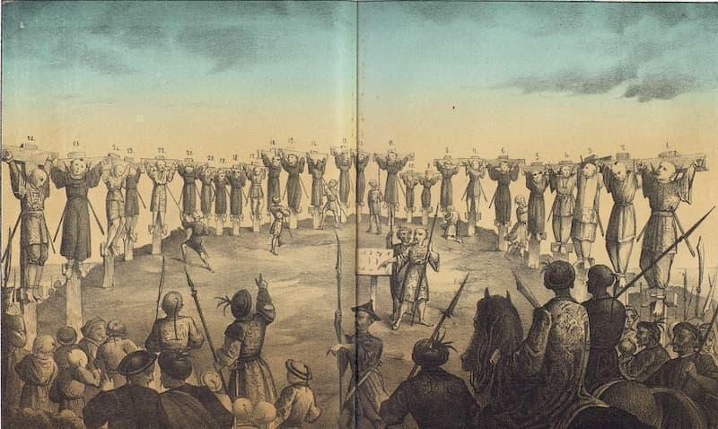 日本二十六聖人の処刑を描いたもの（出典：スペイン国立図書館デジタルライブラリ）