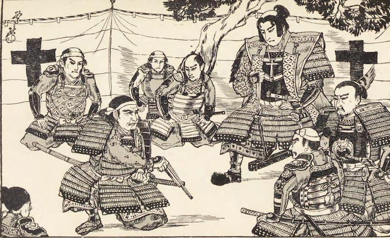 軍議を行なう天草四郎陣営（『少年切支丹と天草の乱』より。出典：国立国会図書館デジタルコレクション）