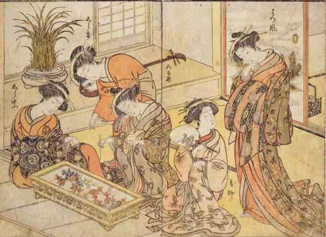 金魚を上から眺める遊女ら(『青楼美人合姿鏡 上』より。出典:国立国会図書館デジタルコレクション)