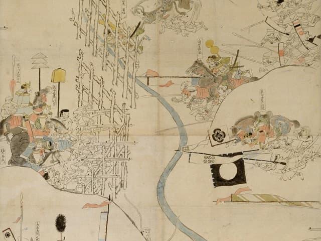 長篠合戦図屏風（模本）の一部。作者は柿原惟景・香取伊廣。原本の筆者は不詳（出典：ColBase）