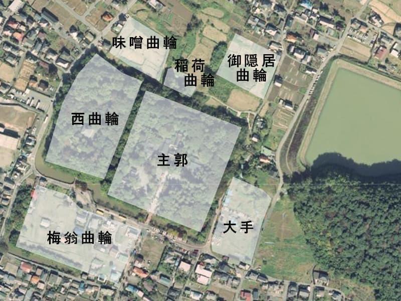 航空写真でみる躑躅ヶ崎館跡と縄張（出典：国土地理院地図を元に加工）