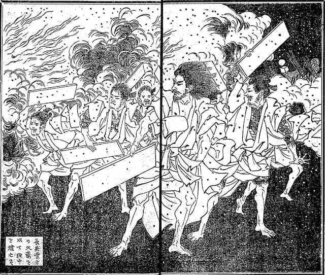 牢屋敷の火災に乗じて脱獄する高野長英(『高野長英諭迷物語』より。出典:国立国会図書館デジタルコレクション)