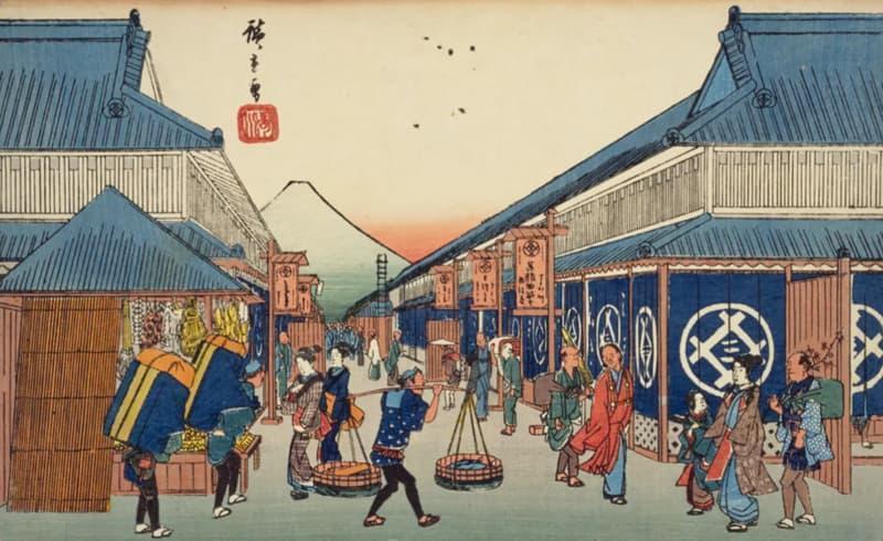 三井越後屋呉服店があった駿河町(現在の東京都中央区日本橋室町一帯)を描いたもの(『東都名所 』より。出典:国立国会図書館デジタルコレクション)