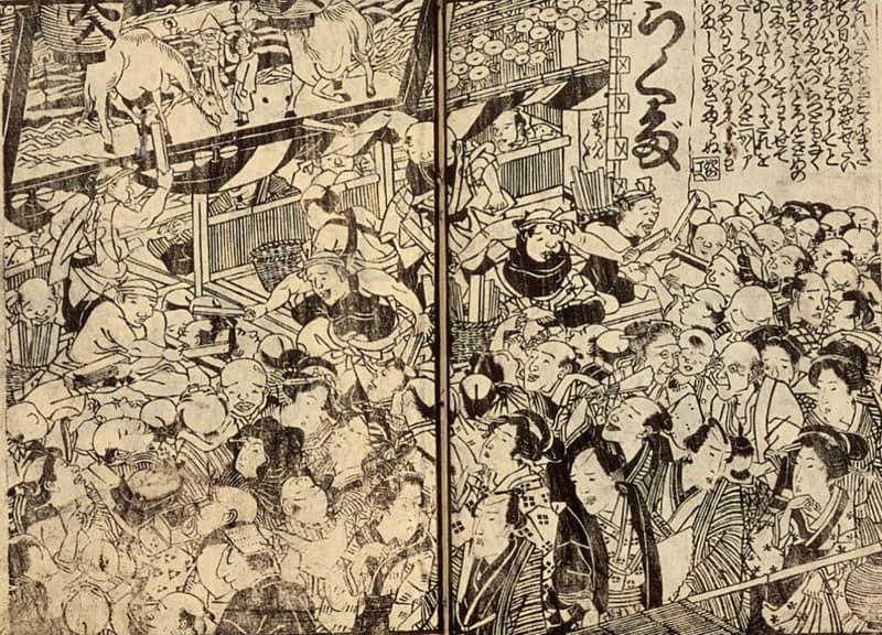 ラクダ見たさに群衆が押し寄せる様子（『和合駱駝之世界』より。出典：国立国会図書館デジタルコレクション）