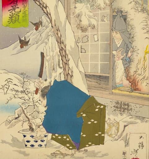 佐野常世が大切にしてい盆栽を折る場面（『芳年武者无類』より。出典：国立国会図書館デジタルコレクション）