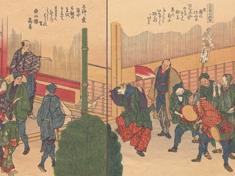 大晦日の吉原での狐舞（『隅田川両岸一覧 下』より。出典：国立国会図書館デジタルコレクション）