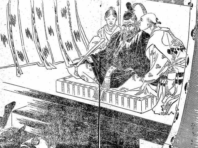 秀吉の耳の匂いをかぐ曽呂利(『太閤之腰巾着曽呂利新左衛門』より。出典:国立国会図書館デジタルコレクション)