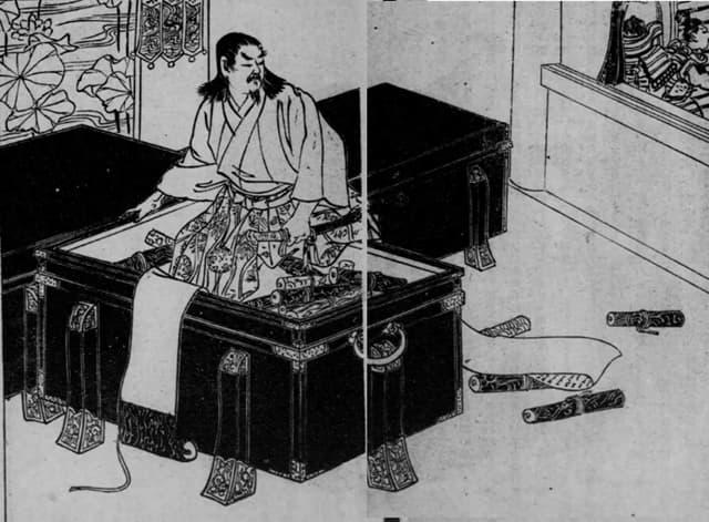 般若寺本堂にあった大般若経の空の経箱に身を潜めた親王（『絵本日本外史』より。出典：国立国会図書館デジタルコレクション）
