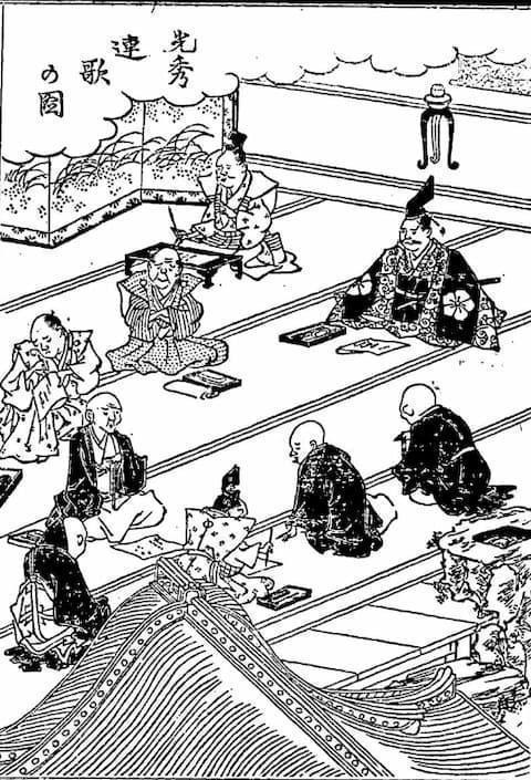 明智光秀が愛宕山で催した連歌の図(『絵本太閤記』より。出典:国立国会図書館デジタルコレクション)