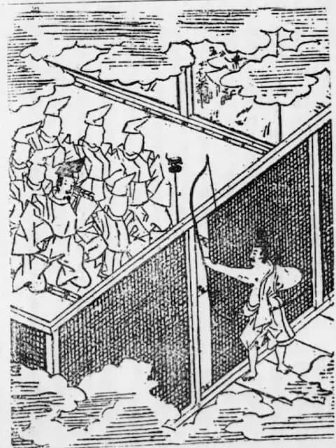 藤原秀郷が将門を射抜く場面（『御伽草紙』より。出典：国立国会図書館デジタルコレクション）