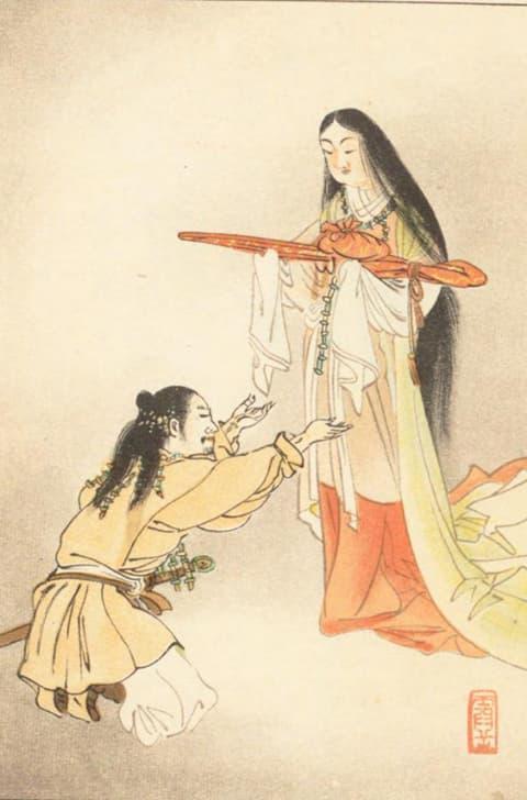 アマテラスがニニギノミコトに三種の神器を授けるシーン(『少年少女日本建国物語』より。出典:国立国会図書館デジタルコレクション)