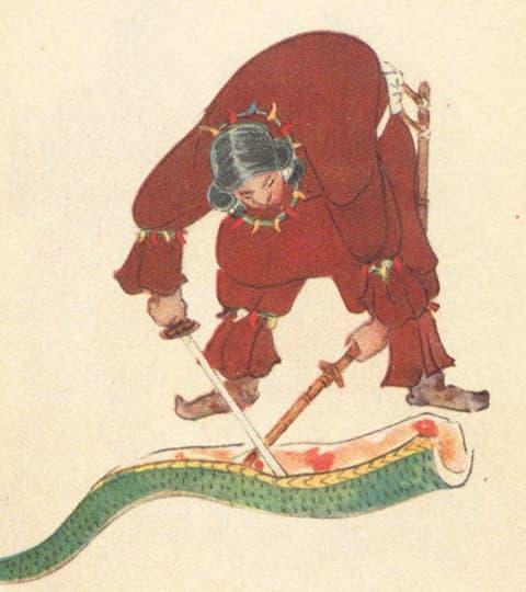 大蛇の尾から天叢雲剣を見つけるスサノオ(『素戔嗚尊 (お伽漫画 ; 1)』より。出典:国立国会図書館デジタルコレクション)