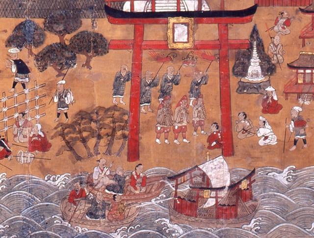 熊野那智大社とその周辺を描いた宗教画『那智山宮曼荼羅』の一部分（熊野那智大社蔵、出典：wikipedia）