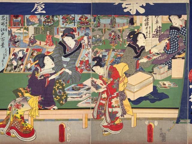 版元の店頭風景（『今様見立士農工商之内商人』より。出典：国立国会図書館デジタルコレクション）