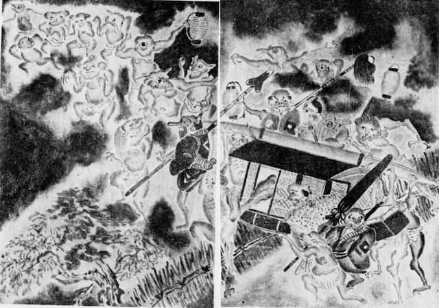 駕籠に乗って去る五郎左衛門ら(『稲生物怪録』より。出典:国立国会図書館デジタルコレクション)