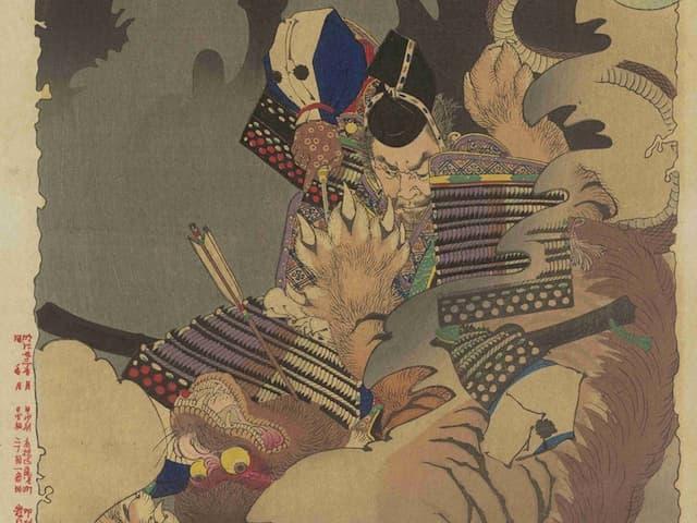 「内裏に猪早太鵺を刺図」（月岡芳年 画『新形三十六怪撰』より。出典：東京都立図書館デジタルアーカイブ）