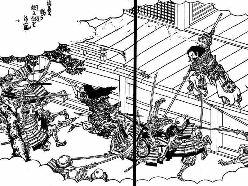 本能寺で奮戦する信長と蘭丸（『絵本太閤記』より。出典：国立国会図書館デジタルコレクション）